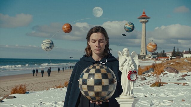 Mystical Beach Scene with Celestial Orbs and Angelic Statue