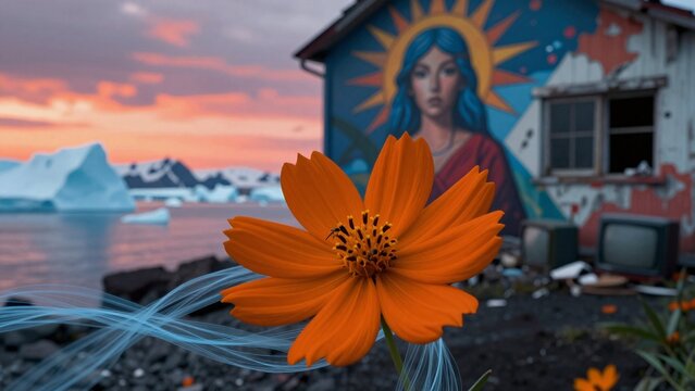 Orange Cosmos Flower Against Icy Sunset and Mural Building