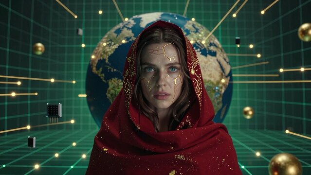Woman in red hood with digital globe and tech elements