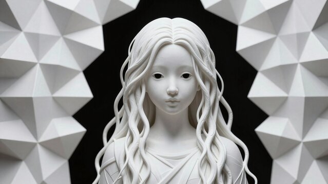 White Ceramic Sculpture of Woman with Geometric Star Background