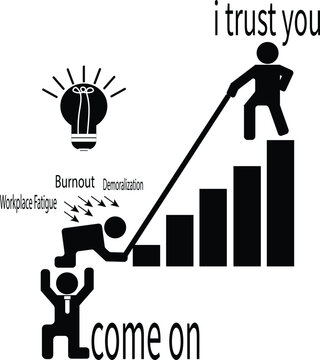 Conceptual illustration of workplace burnout and demoralization with a leader pulling an employee up a corporate growth chart
