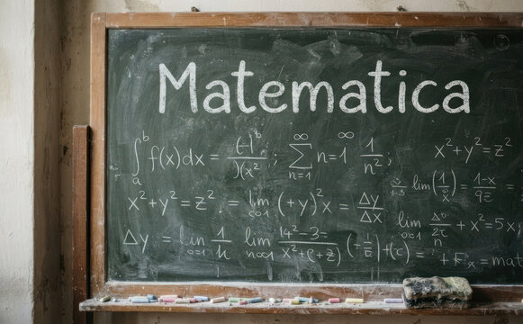Matematica lavagna scolastica con formule e calcoli per educazione e apprendimento