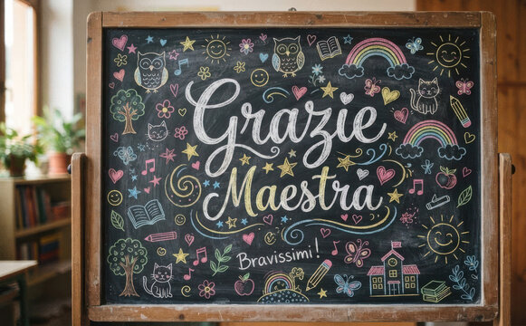 Grazie Maestra lavagna scolastica con disegni colorati per fine anno scolastico