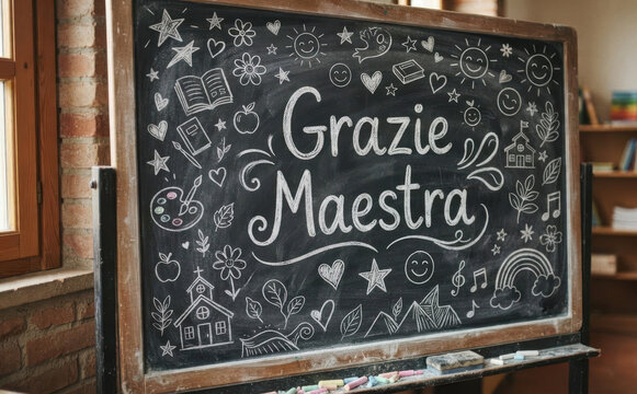 Grazie Maestra lavagna scolastica con disegni a gesso per ringraziare la maestra di scuola fine anno scolastico