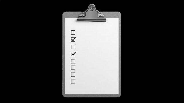 Wooden clipboard with white paper checklist and black check marks isolated on black background
