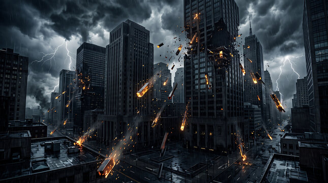 Economic Collapse Concept with Fiery Falling Debris Destroying Modern City Skyscrapers During Lightning Storm and Heavy Rain