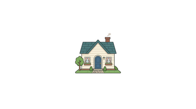 Cute cartoon house illustration with blue roof, chimney, flower boxes, and green tree on white background