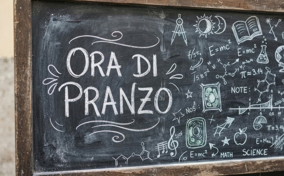 ORA DI PRANZO lavagna scolastica con formule scientifiche e disegni per educazione e pausa pranzo