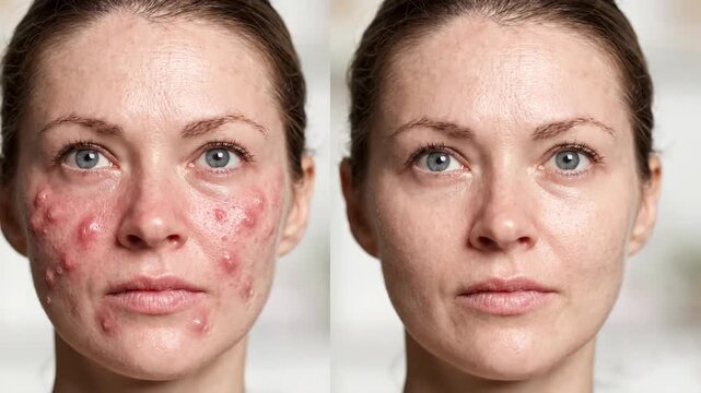 Woman face transformation sequence showing acne skin before and after