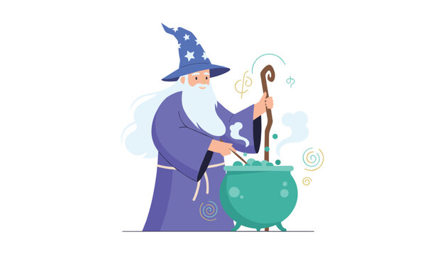 Wise wizard with a long white beard stirring a bubbling green potion inside a large cauldron on a white background.