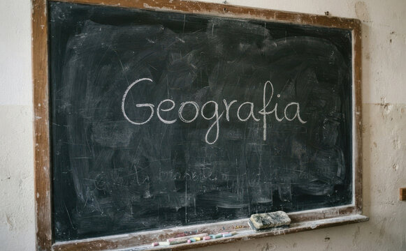 Geografia scritta sulla lavagna di una scuola con il gesso per studiare la materia in classe