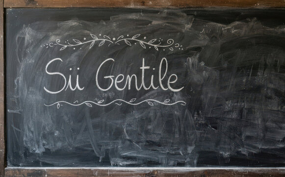 Sii Gentile scritto con il gesso su una lavagna nera, messaggio di gentilezza e gentile educazione