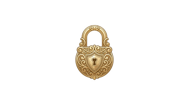 Ornate Golden Vintage Padlock with Floral Scrollwork and Keyhole on White Background