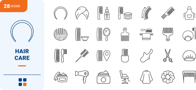 Hair care line icon set. Vector pictograms of comb, detangling, styling, and grooming elements, thin linear illustration.