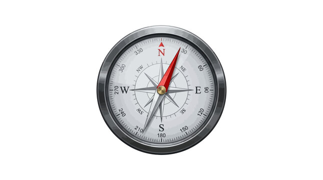 Classic Silver Magnetic Compass with Red Needle and Wind Rose on White Background