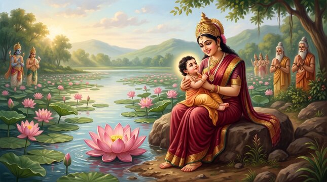 Goddess Parvati and his son Karthikeya