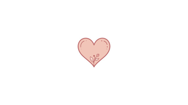 Cute Pink Heart Icon with Floral Botanical Sprig on White Background - Valentine Love Symbol Illustration