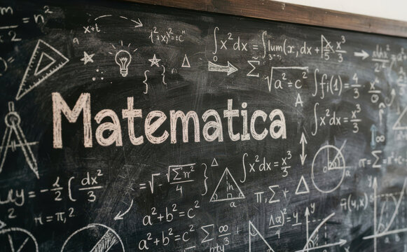 Matematica scritta sulla lavagna con formule geometriche e calcoli per lo studio