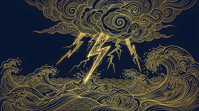 Golden line art storm clouds with lightning bolts over raging ocean waves for dramatic oriental background and banner.