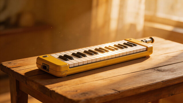 Yellow keyboard instrument on wooden table