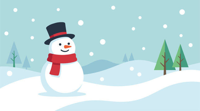 Flat design vector illustration of a cheerful snowman with a red scarf and black hat in a snowy winter landscape with pine trees and falling snow