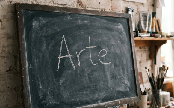 Arte scritta sulla lavagna in uno studio di pittura. Concetto di creativita e lezioni d arte per la scuola