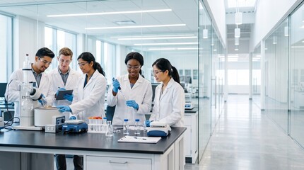 Fototapeta premium Diverse team of scientists working in modern laboratory, medical researchers in white coats conducting clinical experiments in bright biotech lab