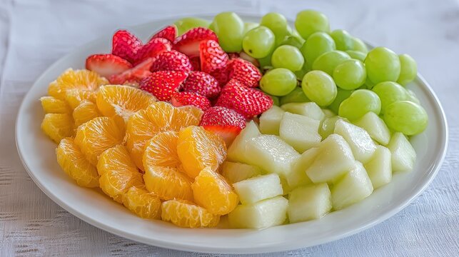 Fresh mixed fruit plate with sliced oranges strawberries melon cubes and green grapes