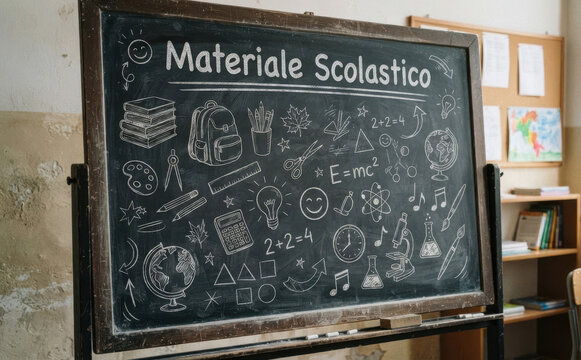 Materiale Scolastico - Lavagna con disegni di cancelleria, scuola, educazione e apprendimento