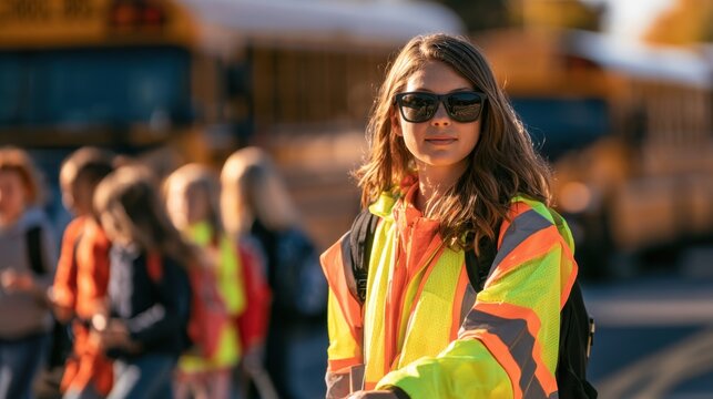 Young female crossing guard wearing reflective safety jacket and sunglasses oversees school children crossing street near yellow bus on sunny day