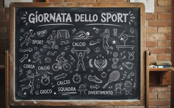 Giornata dello sport lavagna scolastica con disegni gesso educazione fisica fitness
