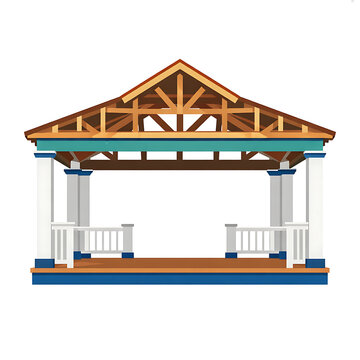 A flat vector illustration of an open wooden gazebo with a white railing and pillars.