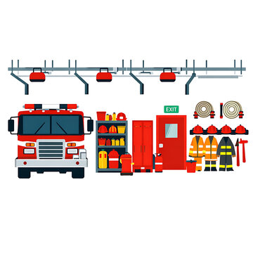 A flat vector illustration depicts a fire station interior with a truck and equipment.