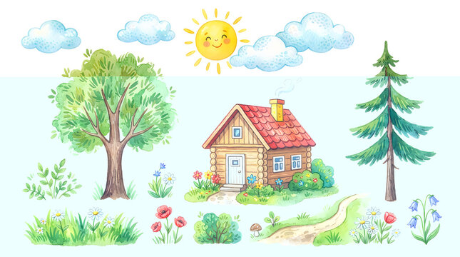 Cute pixel art house with tree flowers and sun in summer landscape