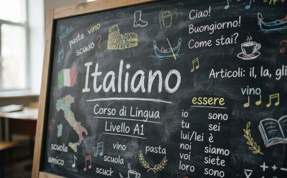 Italiano Corso di Lingua Livello A1 lavagna con parole in italiano per imparare e studiare