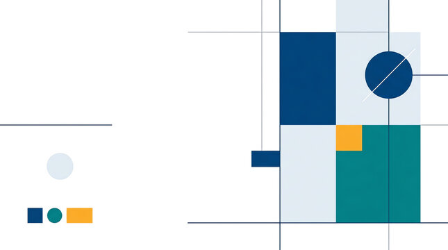 Abstract geometric design with blue, teal, and orange shapes on a grid background, illustrating modern graphic principles.