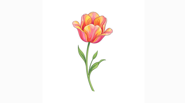 Colorful Illustrated Tulip with Pink Orange and Yellow Petals on White Background