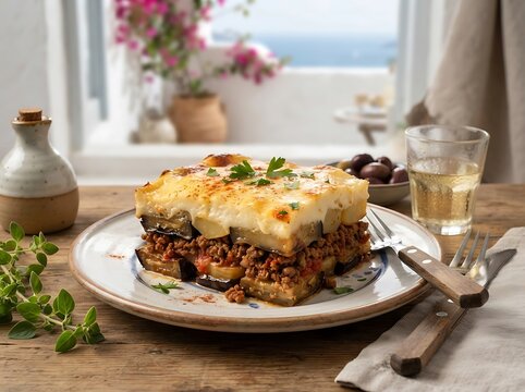 Traditional Greek Moussaka Casserole Served on a Rustic Table with Herbs and Wine for a Mediterranean Inspired Dinner