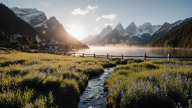 Golden Alpine Meadow and Lake Landscape at Sunset.