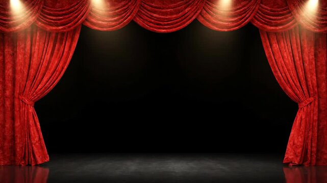 Red theater curtains opening on a dark stage with spotlights