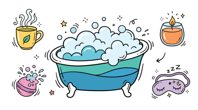 Relaxing bubble bath self care doodle set featuring clawfoot bathtub, scented candle, herbal tea, sleep mask, and bath bomb