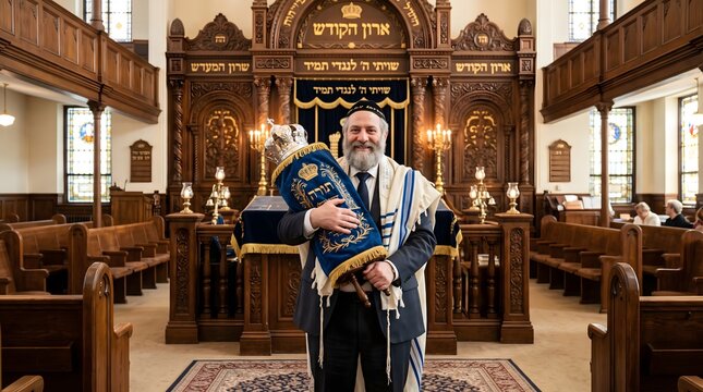 Rabbi holding Torah scroll in a synagogue.