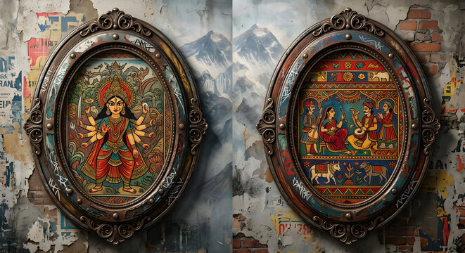 
Traditional Hindu Goddess and Folk Musicians in Ornate Metal Frames on Grunge Brick Wall
