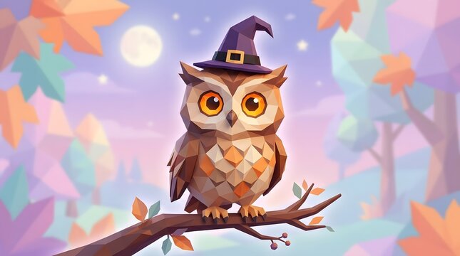 Cute 3D low poly owl wearing a witch hat for Halloween autumn forest background