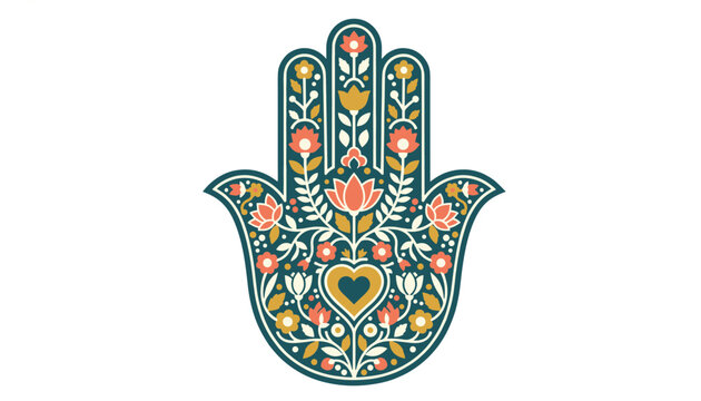 Ornate hamsa hand symbol detailed with beautiful floral patterns and a central heart motif on a white background.