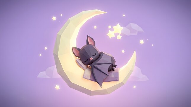 Cute 3D bat sleeping on a crescent moon with stars in a soft purple night sky background