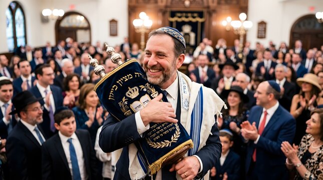 Joyful Rabbi Embracing Torah Scroll During Religious Ceremony in Synagogue.