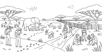 Fototapeta premium African safari wildlife reserve coloring page with animals and rangers