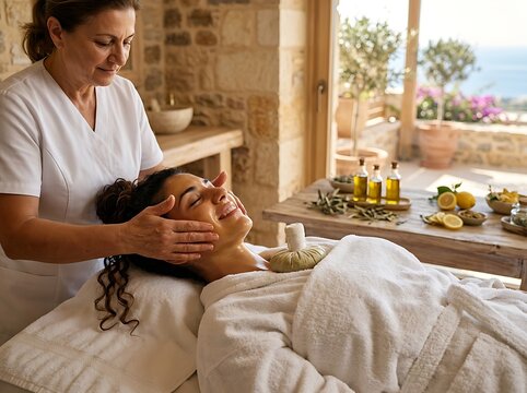 Professional therapist performing a rejuvenating facial massage treatment on a relaxed woman in a serene Mediterranean spa resort environment