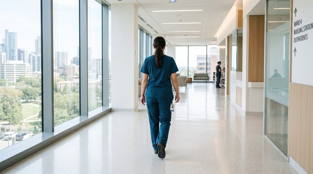 Female nurse in blue scrubs walking down modern hospital corridor with large windows overlooking city skyline, healthcare professional heading to ward, medical staff背影